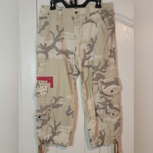 Camouflage Cargo Pants with Red Accent Goddess Tan